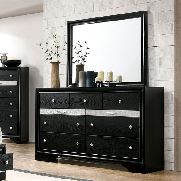English Elm Black Dresser w Mirror Set – Gleaming Black Finish, Silver Accents, Hidden Jewelry Drawer, 63"W Elegance B2741S00553