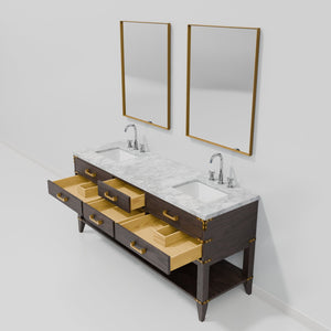 English Elm Brown Oak Double Bath Vanity With Carrara Marble Top, Chrome Faucets & 34" Mirrors - Luxurious Design B2731S01896