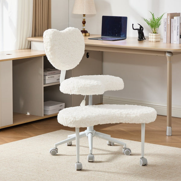 English Elm Artificial Rabbit Hair Cross Legged Desk Chair with Lumbar Support and Swivel Footrest Beige W1143P403571