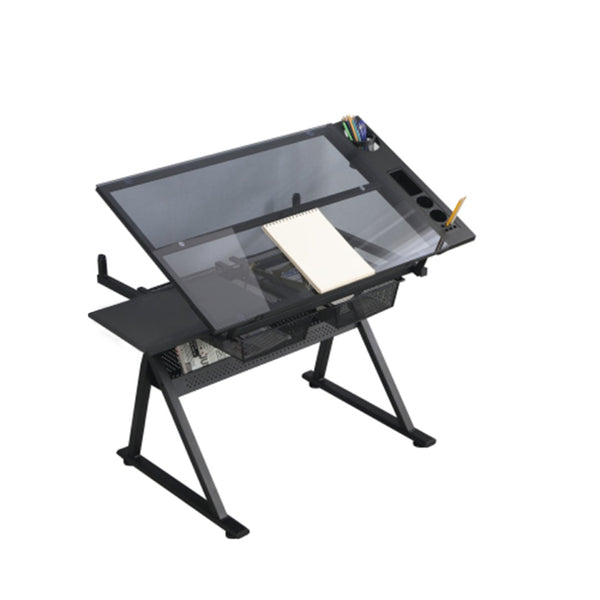 English Elm Drafting Table with Tempered Glass Top Tilt Adjustable Frame and Built in Storage Drawers W347P421209