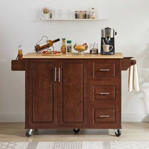 English Elm Kitchen Island Cart with Drop-Leaf Rubberwood Countertop, Rolling Tower Rack, Drawers & Spice Storage Brown W1820P195006