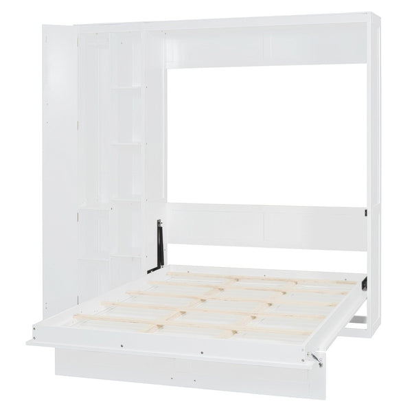 English Elm Full Size Murphy Bed with Open Shelving Wardrobe and Led Lighting for Studio Spaces White LP000898AAK