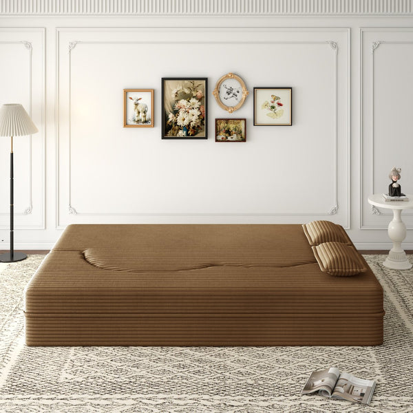 English Elm Modern Full Size Folding Sofa Bed with Plush Corduroy, 2 Pillows, 15" Foam Mattress, No Assembly Required Camel W1885P347081