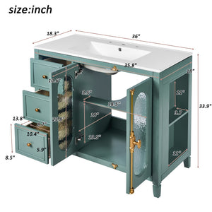 English Elm 36-inch Modern Bathroom Vanity Pine Frame Ceramic Sink 3 Drawers Glass Door Cabinet N710P223192F