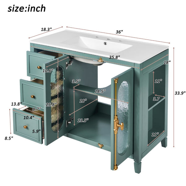 English Elm 36-inch Modern Bathroom Vanity Pine Frame Ceramic Sink 3 Drawers Glass Door Cabinet N710P223192F