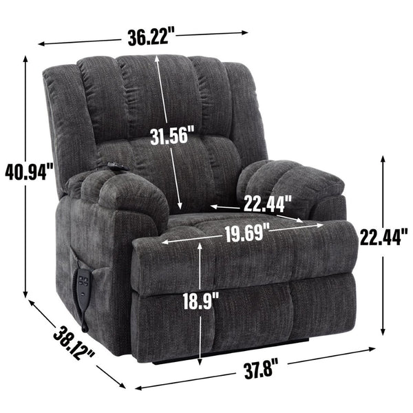 English Elm Dual Motor Power Lift Recliner Chenille Chair with Massage Heat and Infinite Positions Grey W3224P288492