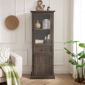English Elm Modern Glass Storage Cabinet with Drawer & Shelves — Tall Curio Sideboard for Living, Dining, Office Elegance Brown W1758P294626