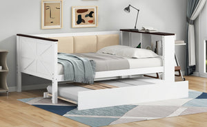 English Elm Twin Pine Wood Daybed with Trundle Upholstered Backrest Storage Shelf and Usb Port N7090002232K