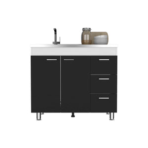 English Elm Base Double Door Cabinet with Three Drawers, Faucet Hole, Engineered Wood, White & Black Finish B097S00136