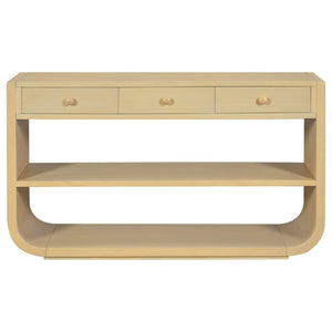 English Elm [video] Sculptural Console Table Pine Wood Curved Legs Soft-close Drawers Open Shelving Entryway Natural N759P433560N