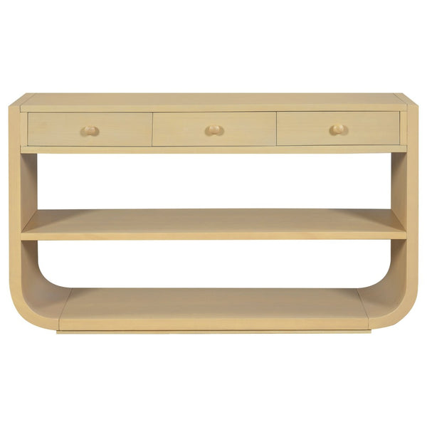 English Elm [video] Sculptural Console Table Pine Wood Curved Legs Soft-close Drawers Open Shelving Entryway Natural N759P433560N