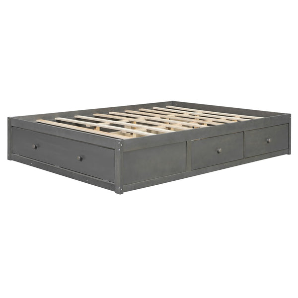 English Elm Queen Platform Storage Bed with Hydraulic Lift Footboard and Four Drawers Antique Finish Gray LP000139AAE