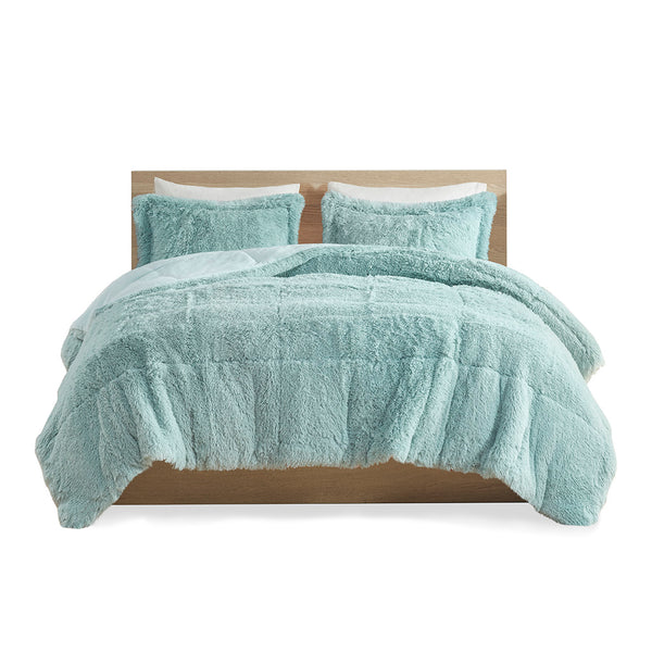 JLA Home Intelligent Design - Shaggy Luxurious Long Faux Fur Comforter Mini Set - Plush High-Pile Texture, Cozy Layering Appeal Aqua ID10-2043