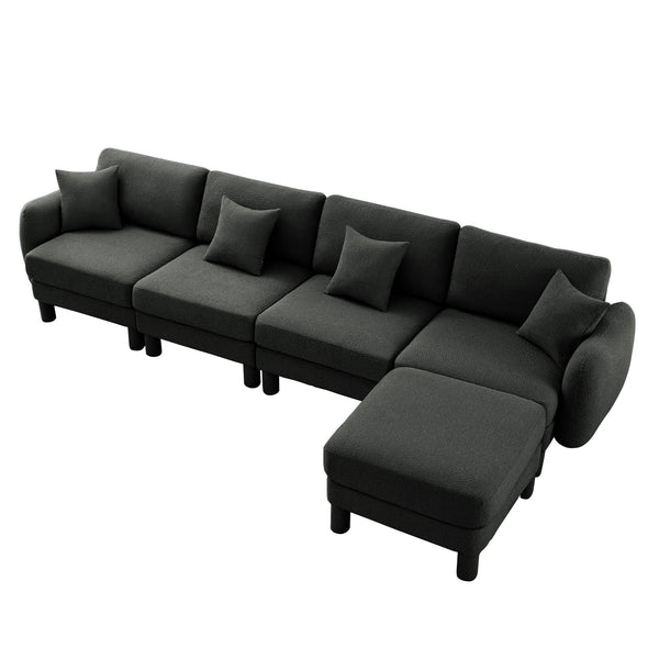 English Elm Boucle Fabric L-Shaped Sectional Sofa For 4 With Shell-Shaped Armrests & Removable Ottoman, Dark Grey W3041S00304
