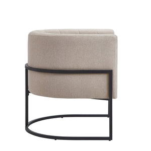English Elm Upholstered Linen Accent Chair with Curved Back, Black Metal Base — Mid-Century Luxury Living Room Seat W2186P243108