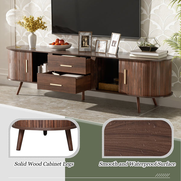 English Elm Mid-Century Solid Wood TV Stand for 80" TVs – Waterproof Finish, Sliding Doors & 2 Drawers Storage N710P257611P