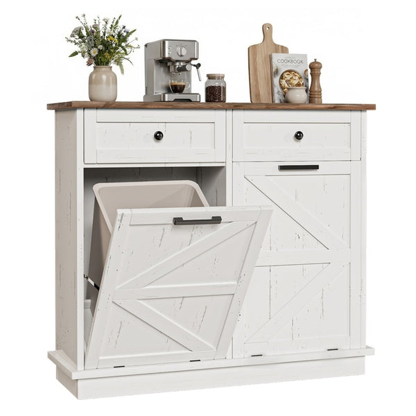 English Elm Double Tilt Out Trash Bin Cabinet with Drawers Odor Blocking Kitchen Laundry Storage Brown+Distressed White T5831P489225