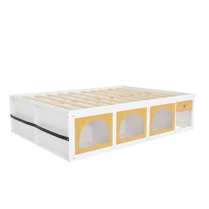 English Elm Queen Storage Platform Bed with Led Lighting Bookshelf Display Cabinet and Pull-out Drawer White+Natural N820S00078K
