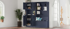 English Elm Multifunctional Modular Hall Tree Cabinet with Open Shelves and Hooks for Entryway Antique Blue W1580S00520