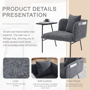 English Elm Leisure Linen Accent Chair with Built-in Side Table Pockets and Lumbar Pillow Modern Dark Gray W395P453309