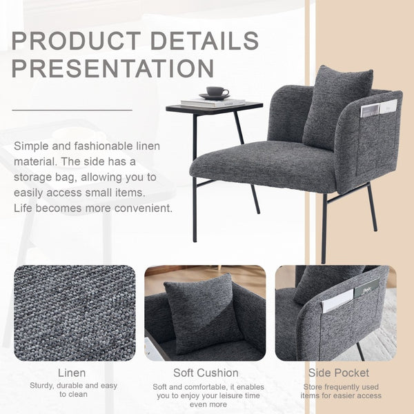 English Elm Leisure Linen Accent Chair with Built-in Side Table Pockets and Lumbar Pillow Modern Dark Gray W395P453309