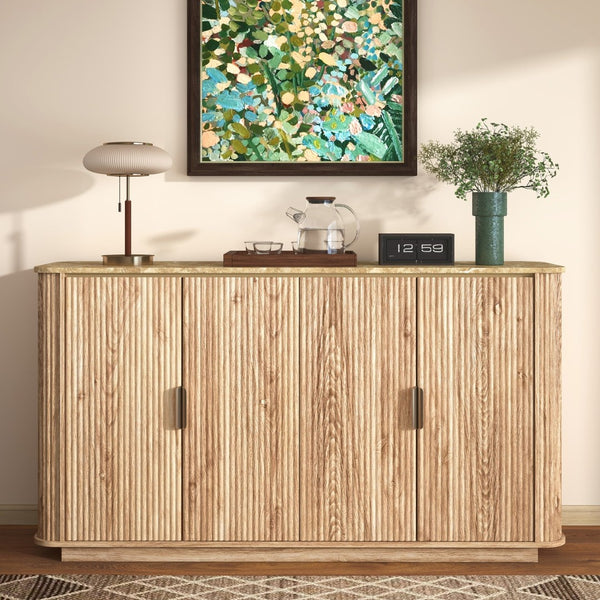 English Elm 60'' Fluted Oak Credenza with Faux Marble Top and Gold Trim Four Door Buffet Natural Wood W5216P454717