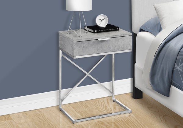 English Elm Accent Table - Modern Grey Laminate Nightstand With Chrome X-Frame And Storage Drawer For Versatile Use B2710P219297