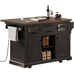 English Elm K&K 54.9" Farmhouse Kitchen Island Cart with Drop Leaf, Charging Station, Barn Doors & Glass Pane Black N707P300277B