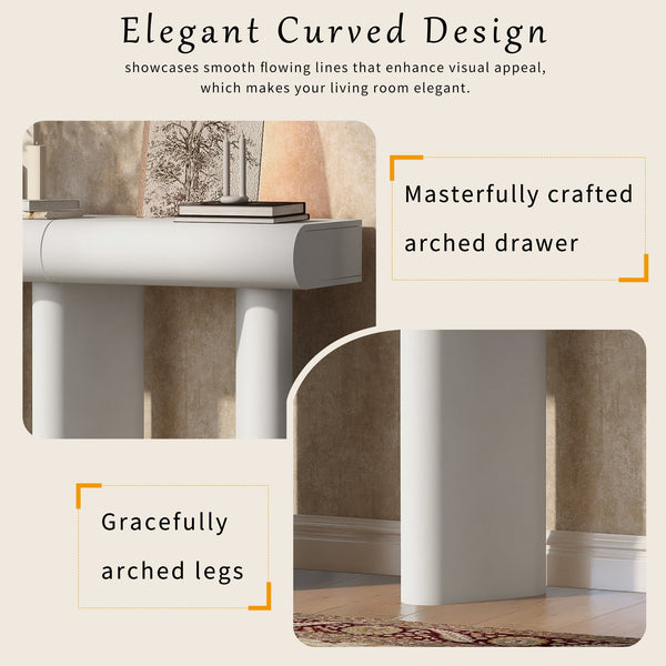 English Elm U_Style 47.6" Modern High-Gloss Entryway Table with Curved Drawers, Geometric Legs & Storage White N711P285757A