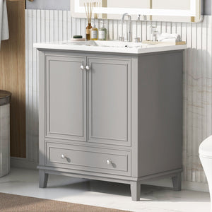 English Elm 30" Bathroom Vanity with Sink — Modern Freestanding 30" Cabinet with Ceramic Top, Drawer, Doors, Shelf Grey N725P221263E