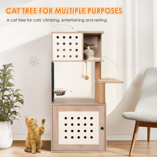 English Elm Cat Tower with Hidden Litter Enclosure Hammock Bed Feeding Station Scratching Posts W1687P304379
