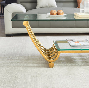 English Elm 47" Modern Rectangle Coffee Table With Double-Layer Glass Shelves, Stylish Gold Frame & Storage Solution W2978S00013