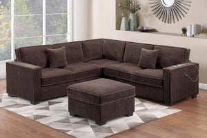 English Elm Modern Corduroy Sectional Set with Usb Charging Ottoman and Accent Pillows for Living Room B011S02198