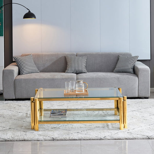 English Elm 47" Modern Stainless Steel Coffee Table With Clear Glass Top & Two-Tier Storage For Home Or Office W2978S00005