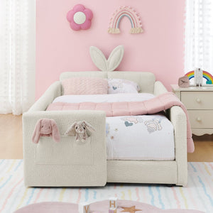 English Elm Twin Boucle Upholstered Kids Bed Whimsical Rabbit Ear Headboard with Safety Rail Beige W1413P407485
