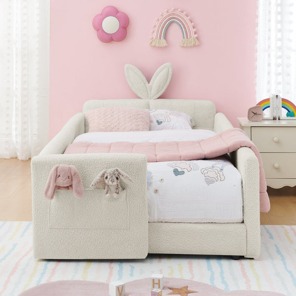 English Elm Twin Boucle Upholstered Kids Bed Whimsical Rabbit Ear Headboard with Safety Rail Beige W1413P407485