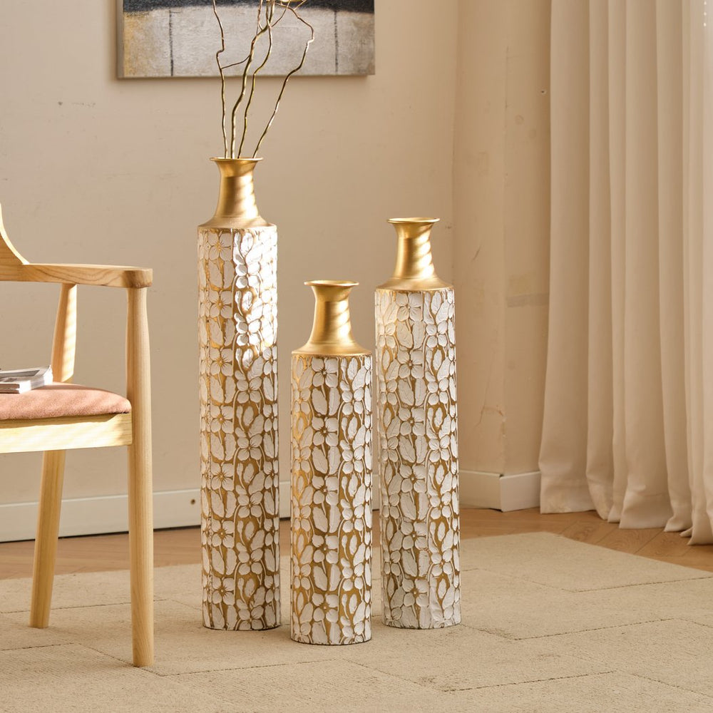 English Elm Floor Antique White Gold Metal Vases Set of 3 (32/28/24") — Tall Decorative Centerpieces for Entryway W2796P193594