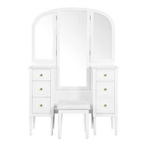 English Elm Antique Glam Vanity Desk with Triple Mirror, Stool & 6 Drawers, Full‑Length Mirror, White Elegance N844P285297A