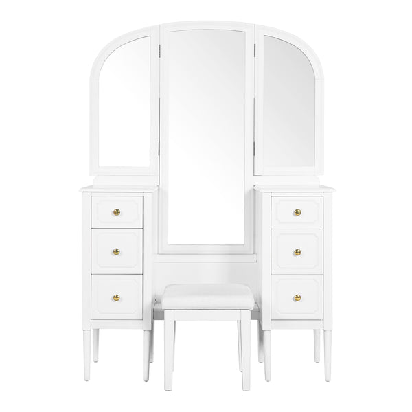 English Elm Antique Glam Vanity Desk with Triple Mirror, Stool & 6 Drawers, Full‑Length Mirror, White Elegance N844P285297A