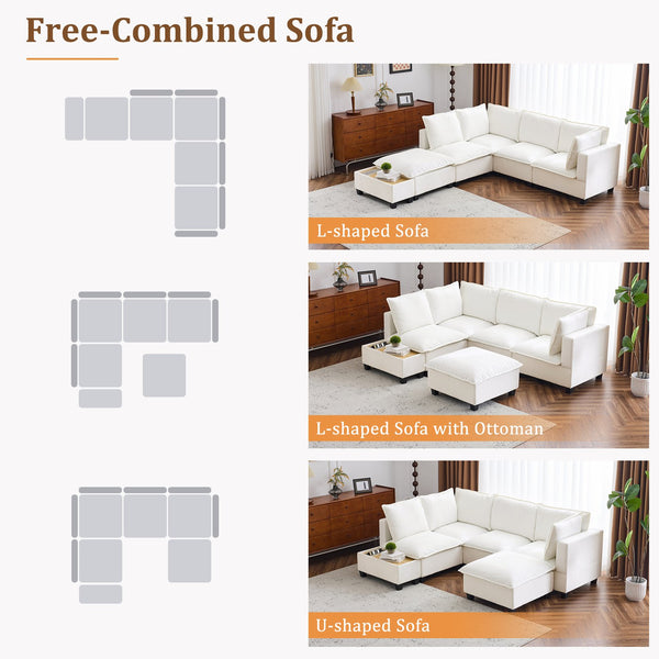 English Elm 90" U-shaped Sectional Sofa Modular Couch with Movable Ottoman, Hidden Charging Coffee Table, Durable Comfort White N719S001780K