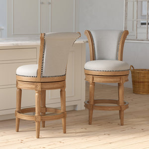 English Elm 26in. Wood High-back Swivel Barstool Farmhouse Style Nailhead Upholstered Kitchen Seat Oak B2751P436434