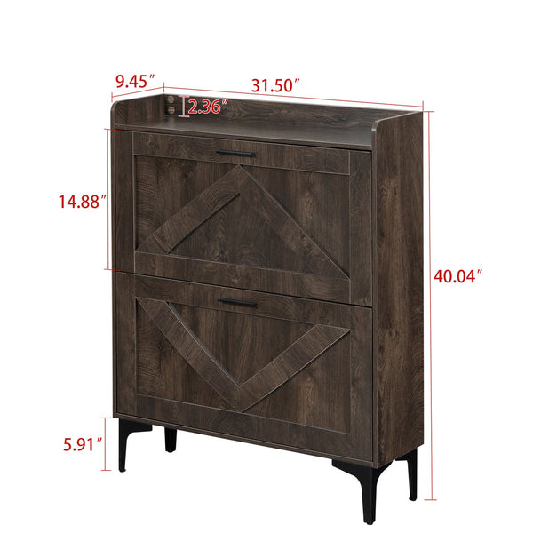 English Elm Shoe Cabinet with 2 Flip Drawers and Open Shelves, Slim Rustic Brown Entryway Organizer, Space-Saving Wood Storage W679P154753