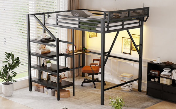 English Elm Full Size Metal Loft Bed with Foldable Desk Staircase Storage and Led Lighting W2580S00072