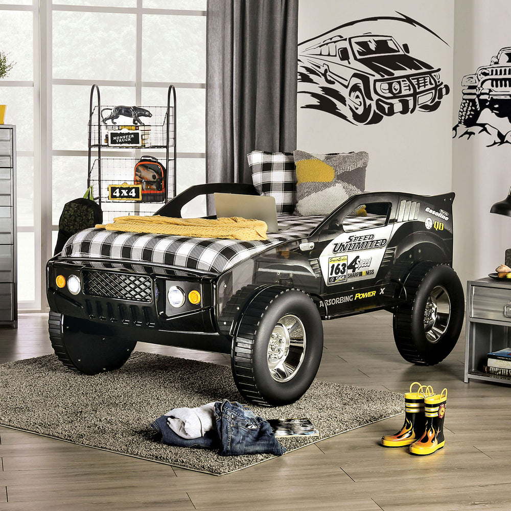 English Elm Modern Speed Jeep Twin Bed With Led Headlights, High-Gloss Finish, Metal Frame & Slat Kit Included B2741S00508