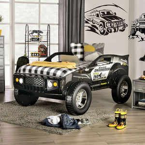 English Elm Modern Speed Jeep Twin Bed With Led Headlights, High-Gloss Finish, Metal Frame & Slat Kit Included B2741S00508
