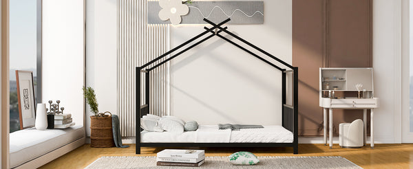 English Elm Twin Metal House Platform Bed with Slat Kit for Kids Sleepovers Sturdy Frame Elegant Silhouette 63.8"H Black MF322835AAB