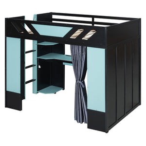 English Elm Full Size Loft Bed with Desk Blackout Curtains Rgb Lighting and Integrated Storage Black+Blue LT000377AAC