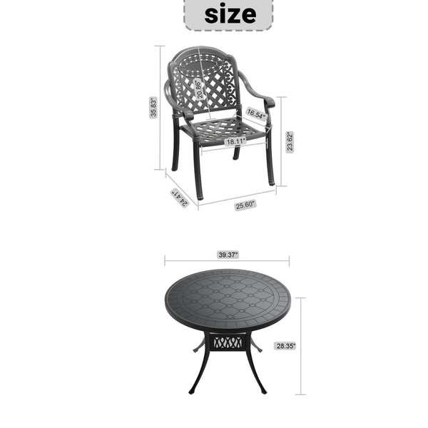English Elm 3-piece Cast Aluminum Bistro Set Ornate Carved Outdoor Patio Dining with Cushions W1710S00630