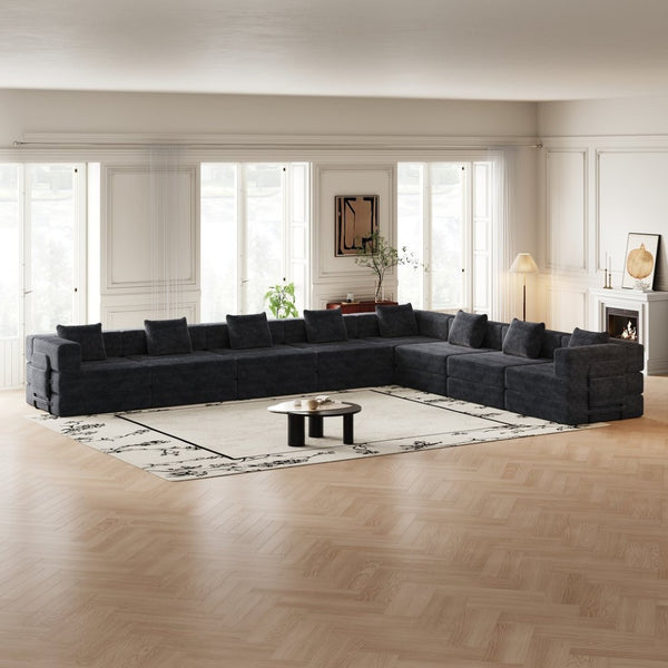 English Elm 8 Seater Corduroy Floor Sofa Bed with Storage Pockets and High-density Foam Fill W3505S00022