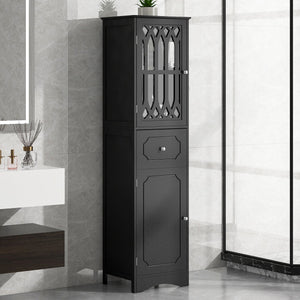 English Elm Tall Bathroom Cabinet Slim Freestanding Storage with Drawer & Doors, Adjustable Shelves, MDF Build Black WF289427AAB